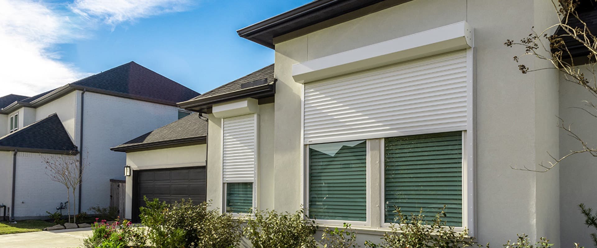 Roll-down hurricane shutters installed on a Florida home