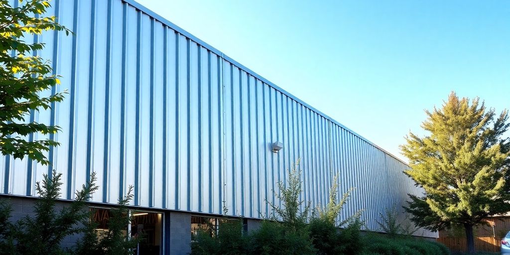 Modern building with insulated metal panels and greenery.